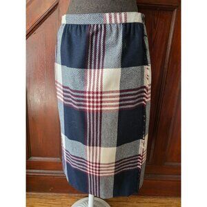 Haberdashery Plaid Wool Blend Pencil Skirt Tartan Check Faux Wrap Fringe Vintage